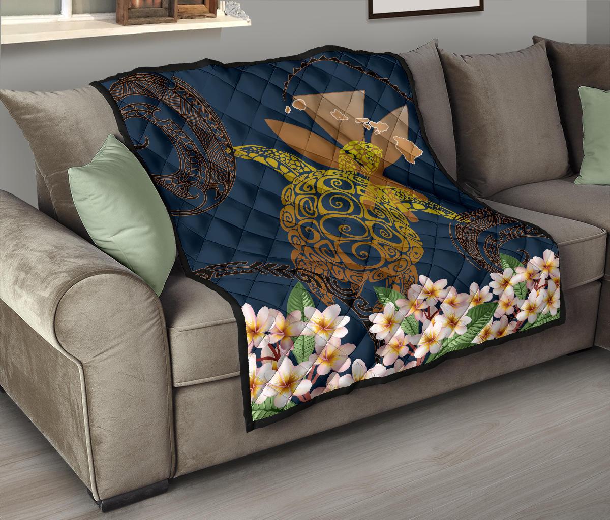 Hawaii Turtle Plumeria Polynesian Kanaka Map - Blue Style - Premium Quilt AH - Polynesian Pride