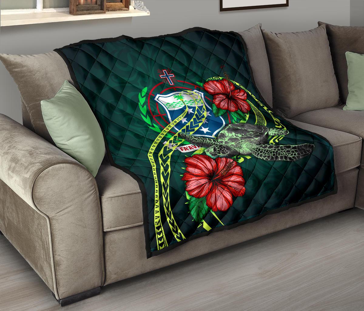 Samoa Polynesian Premium Quilt - Green Turtle Hibiscus - Polynesian Pride