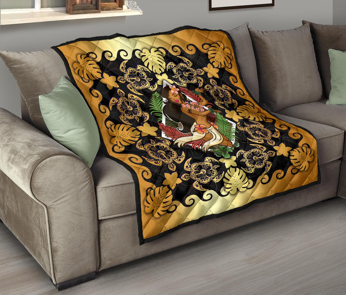 Hawaii Polynesian Premium Quilt - Hawaiian Dancing Girl Gold - Polynesian Pride