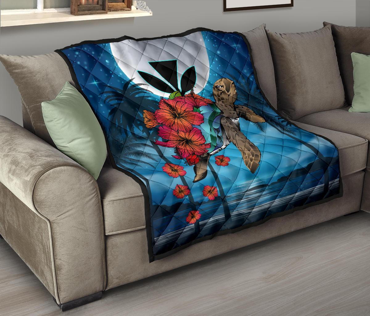 Hawaii Turtle Kanaka Hibiscus Stary Night Premium Quilt - Polynesian Pride