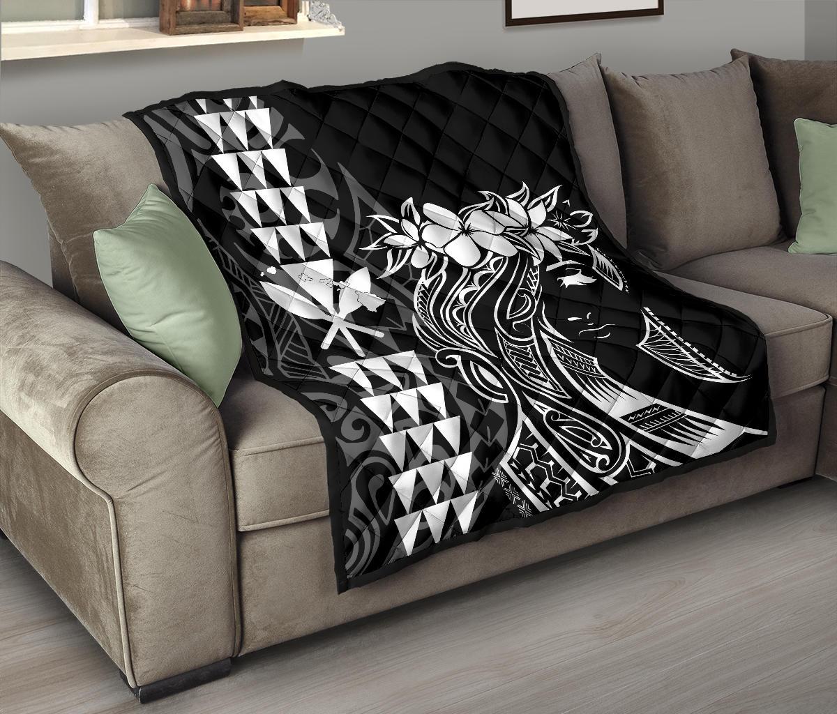 Hawaii Map Kanaka Polynesian Hula Girl Premium Quilt - White - Polynesian Pride