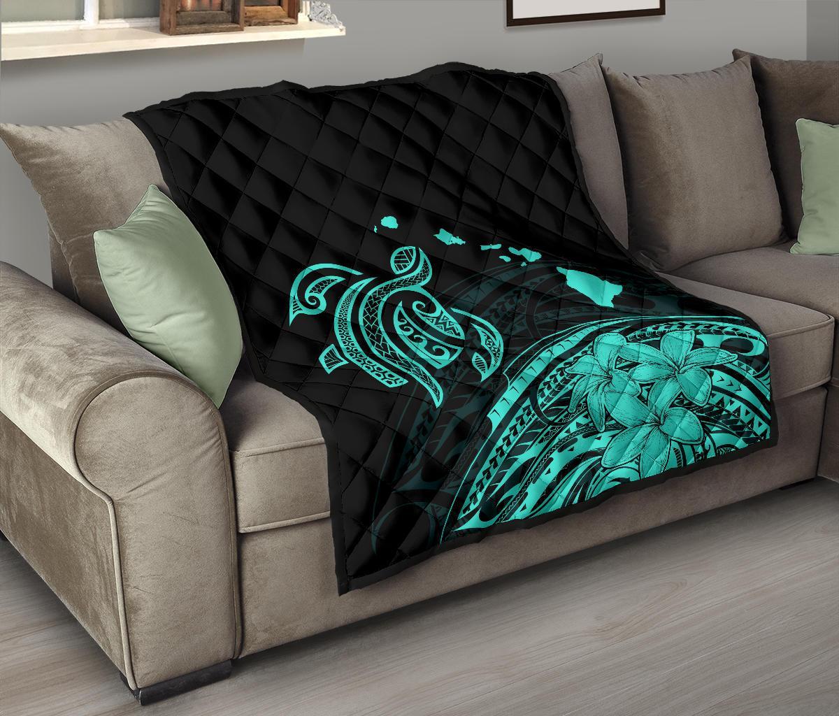 Hawaii Map Plumeria Polynesian Turquoise Premium Quilt - Polynesian Pride