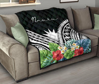 Nauru Premium Quilt - Nauru Coat of Arms & Polynesian Tropical Flowers White - Polynesian Pride