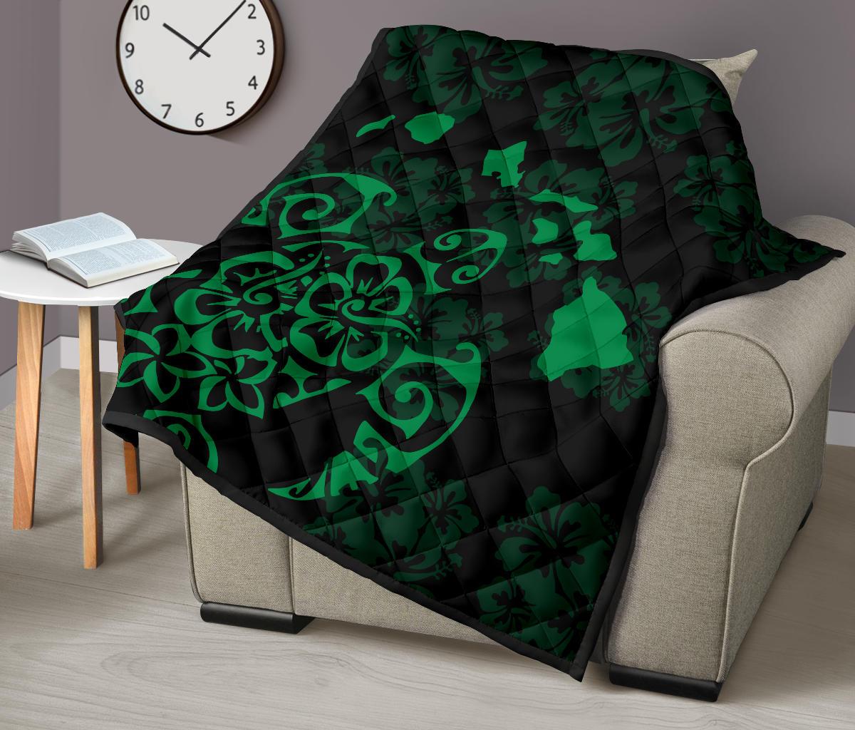 Turtle Hibiscus Map Green Premium Quilt - Polynesian Pride