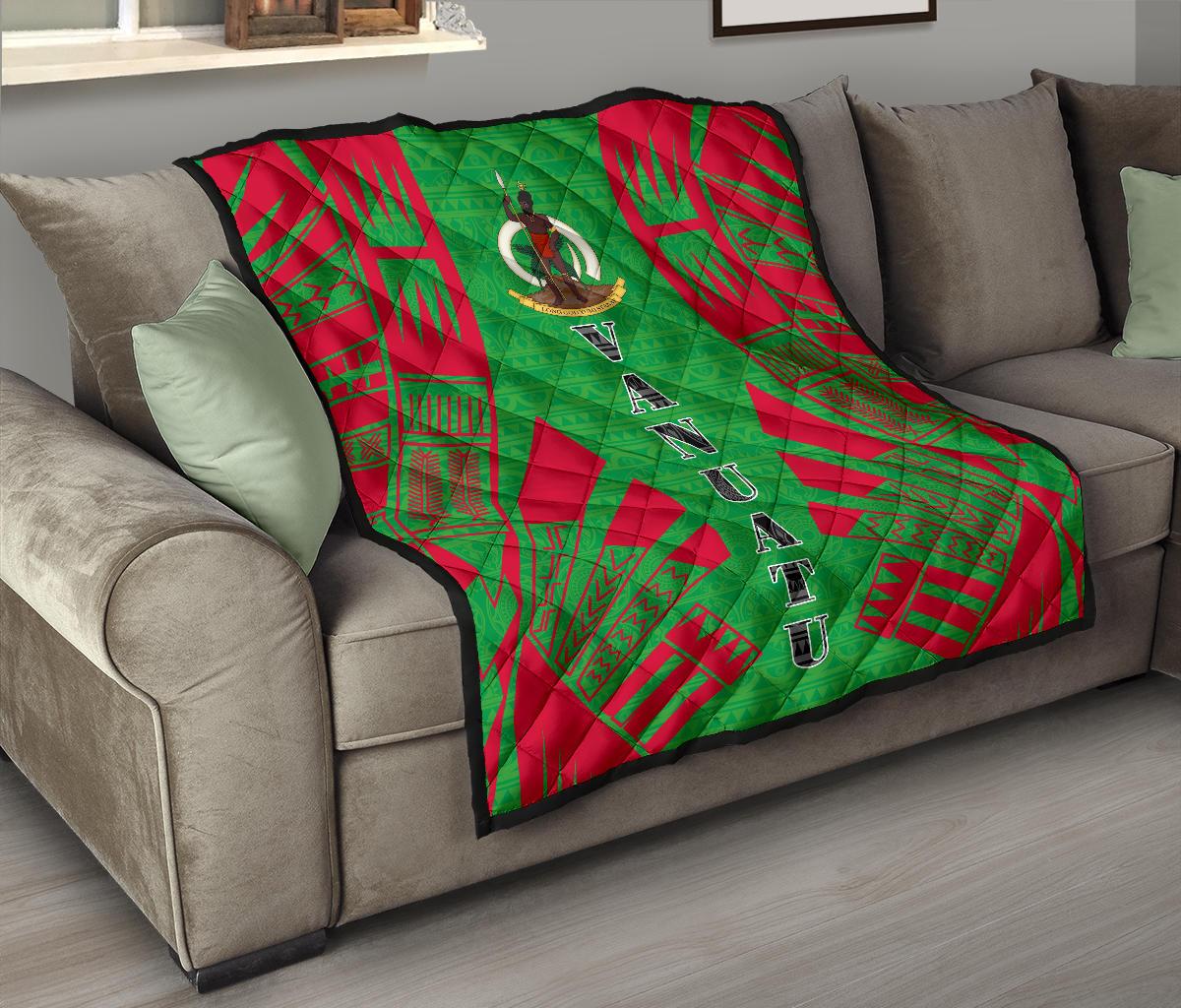 Vanuatu Premium Quilt - Vanuatu Coat Of Arms Polynesian Red Tattoo (Green) - Polynesian Pride
