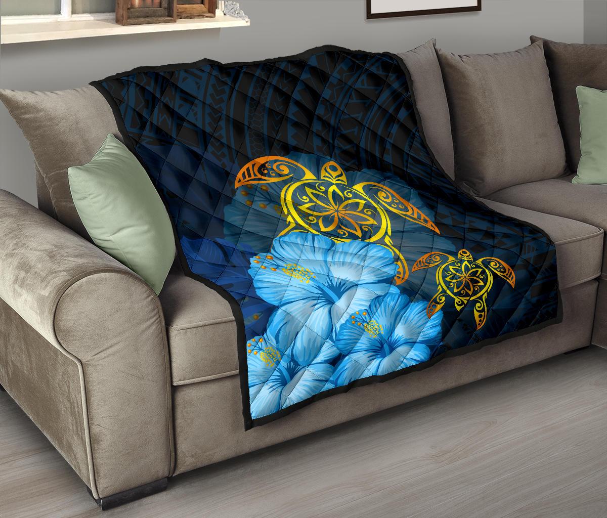 Hawaii Premium Quilt - Turtle Hibiscus Pattern Hawaiian Premium Quilt - Blue - Polynesian Pride