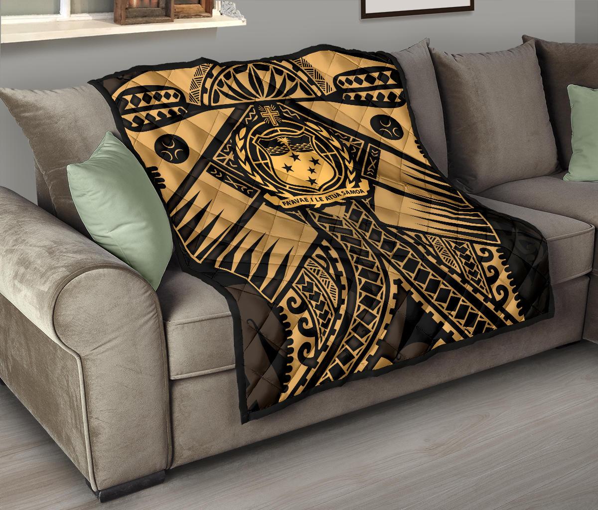 Samoa Polynesian Premium Quilt - Samoa Gold Seal with Polynesian Tattoo - Polynesian Pride
