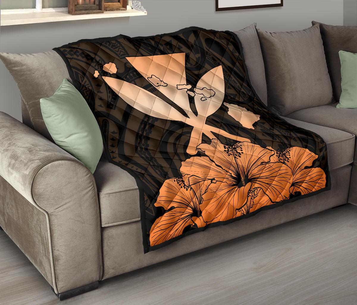 Hawaiian Kanaka Premium Quilt Hibiscus Polynesian Love Orange - Polynesian Pride