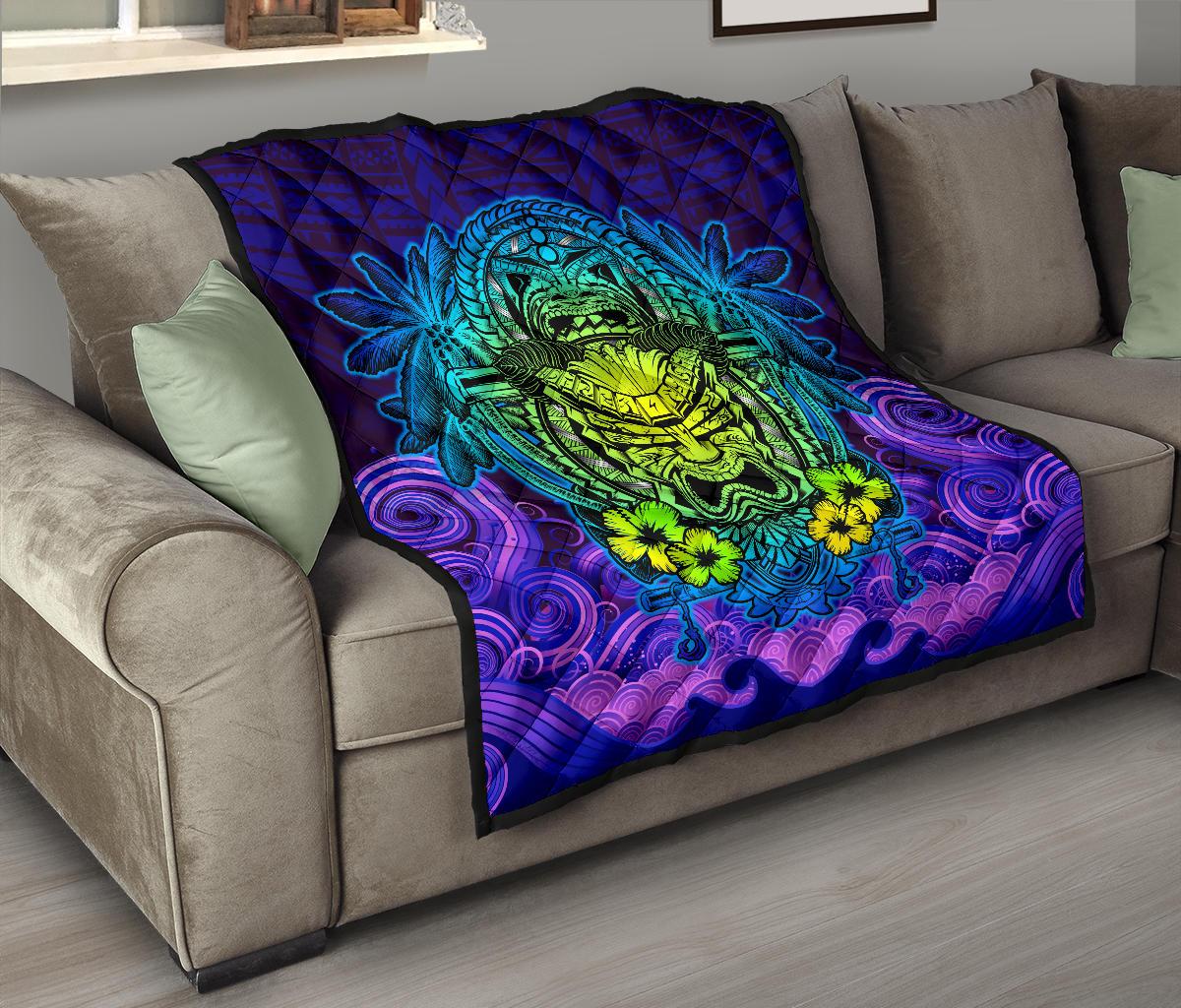 Hawaii Polynesian Premium Quilt - Hawaiian Green Yellow Tiki Face (Purple) - Polynesian Pride