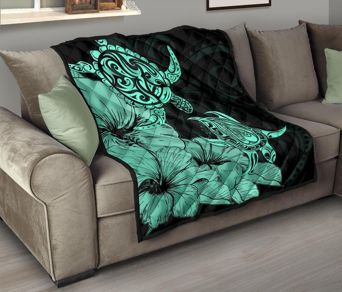 Hawaii Turtle Premium Quilt Polynesian Hibiscus Art Turquoise AH - Polynesian Pride