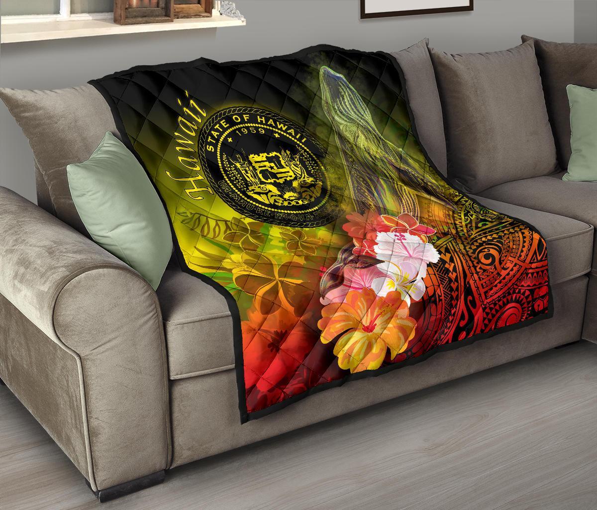 Polynesian Hawaii Premium Quilt - Humpback Whale with Tropical Flowers (Yellow) - Polynesian Pride