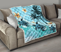 Cook Islands Premium Quilt - Blue Turtle Hibiscus - Polynesian Pride
