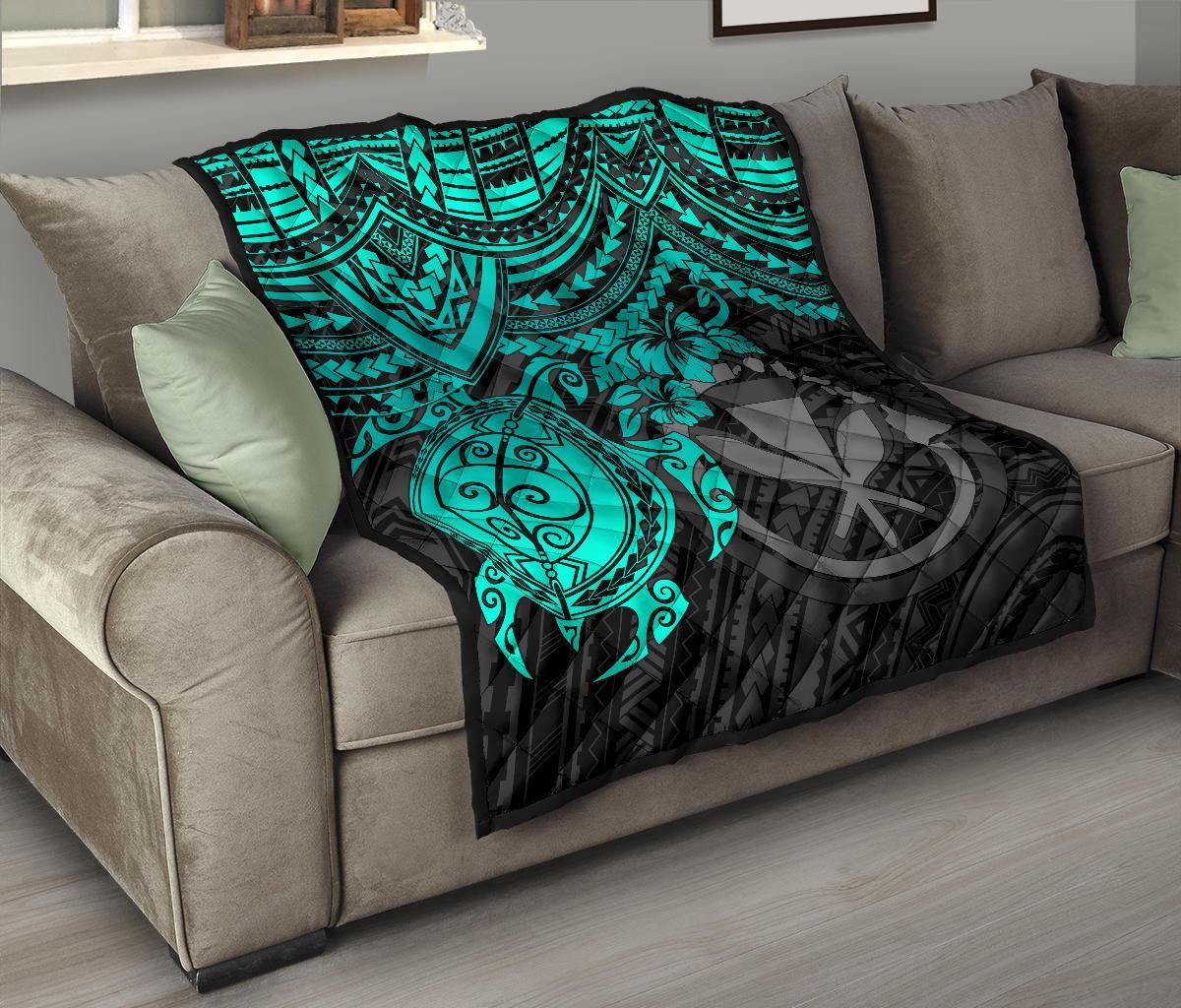 Hawaii Polynesian Premium Quilt - Kanaka Maoli & Turquoise Turtle Hibiscus - Polynesian Pride