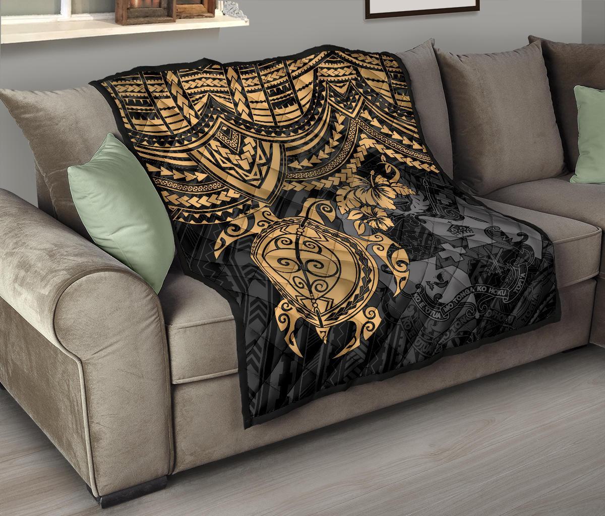 Tonga Polynesian Premium Quilts - Tonga Coat Of Arms & Golden Turtle Hibiscus BLACK - Polynesian Pride