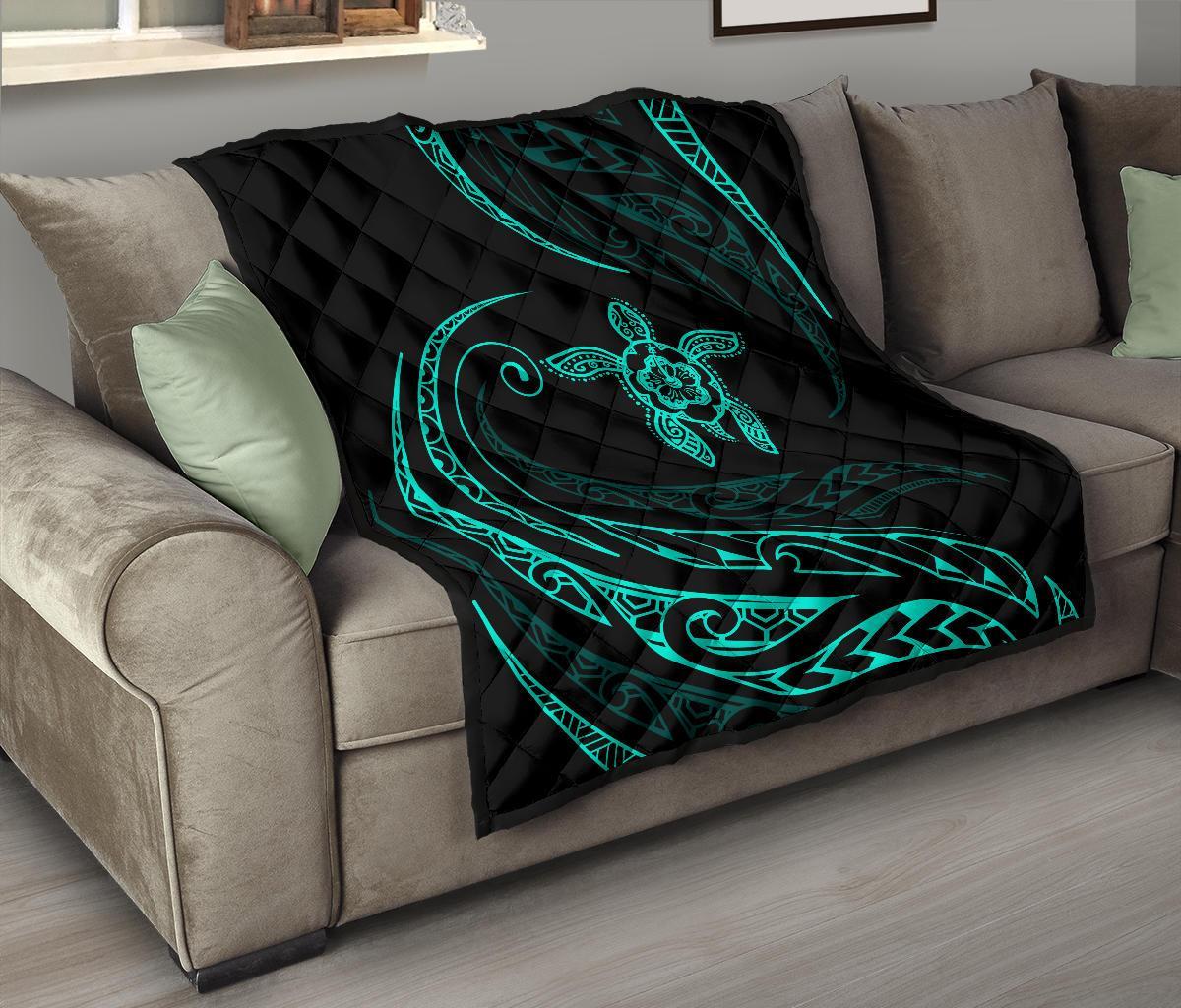 Hawaii Turtle Hibicus Premium Quilt - Frida Style - Turquoise - Polynesian Pride
