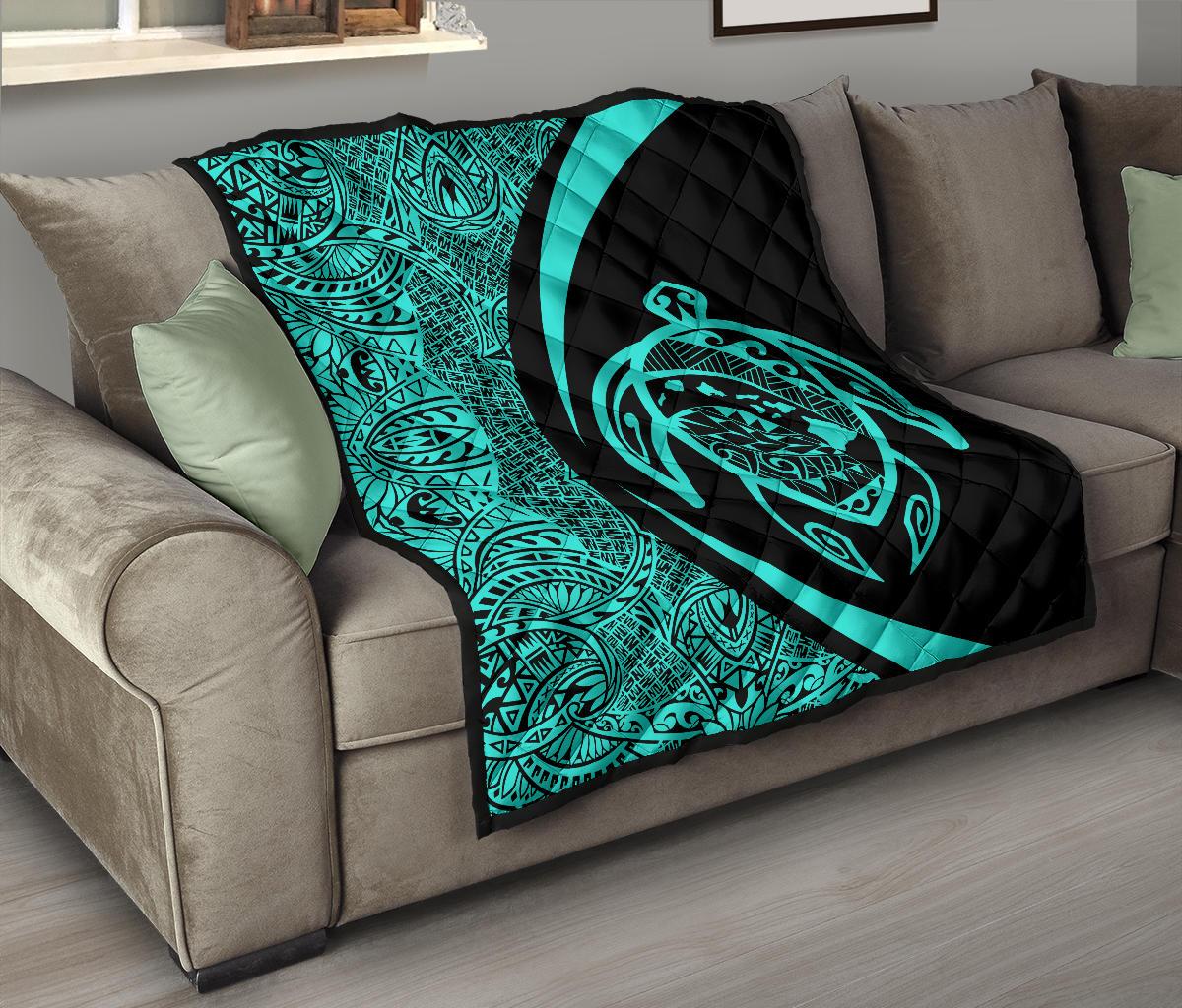 Hawaii Turtle Map Polynesian Premium Quilt - Turquoise - Circle Style - Polynesian Pride