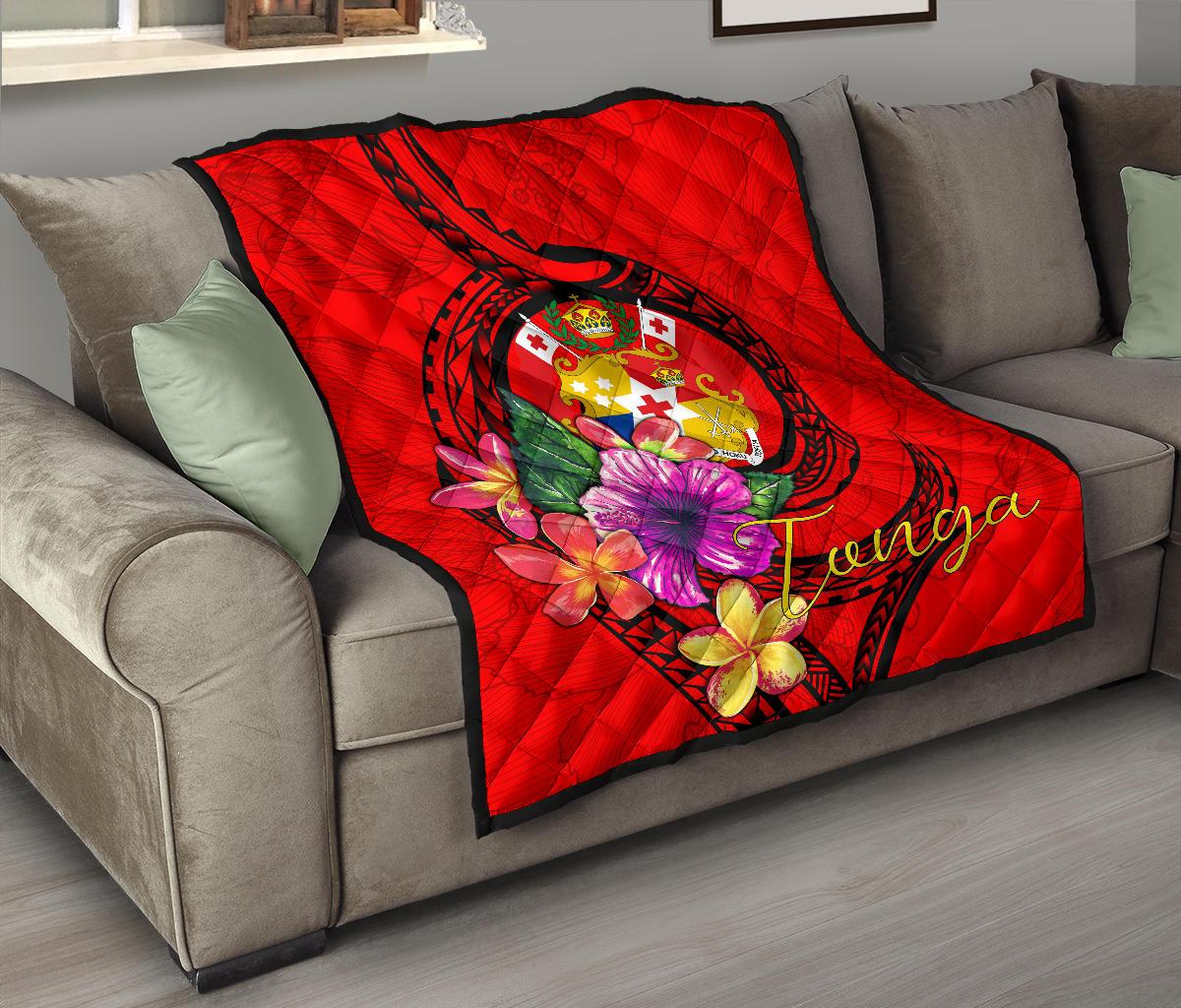 Tonga Polynesian Premium Quilt - Floral With Seal Red - Polynesian Pride