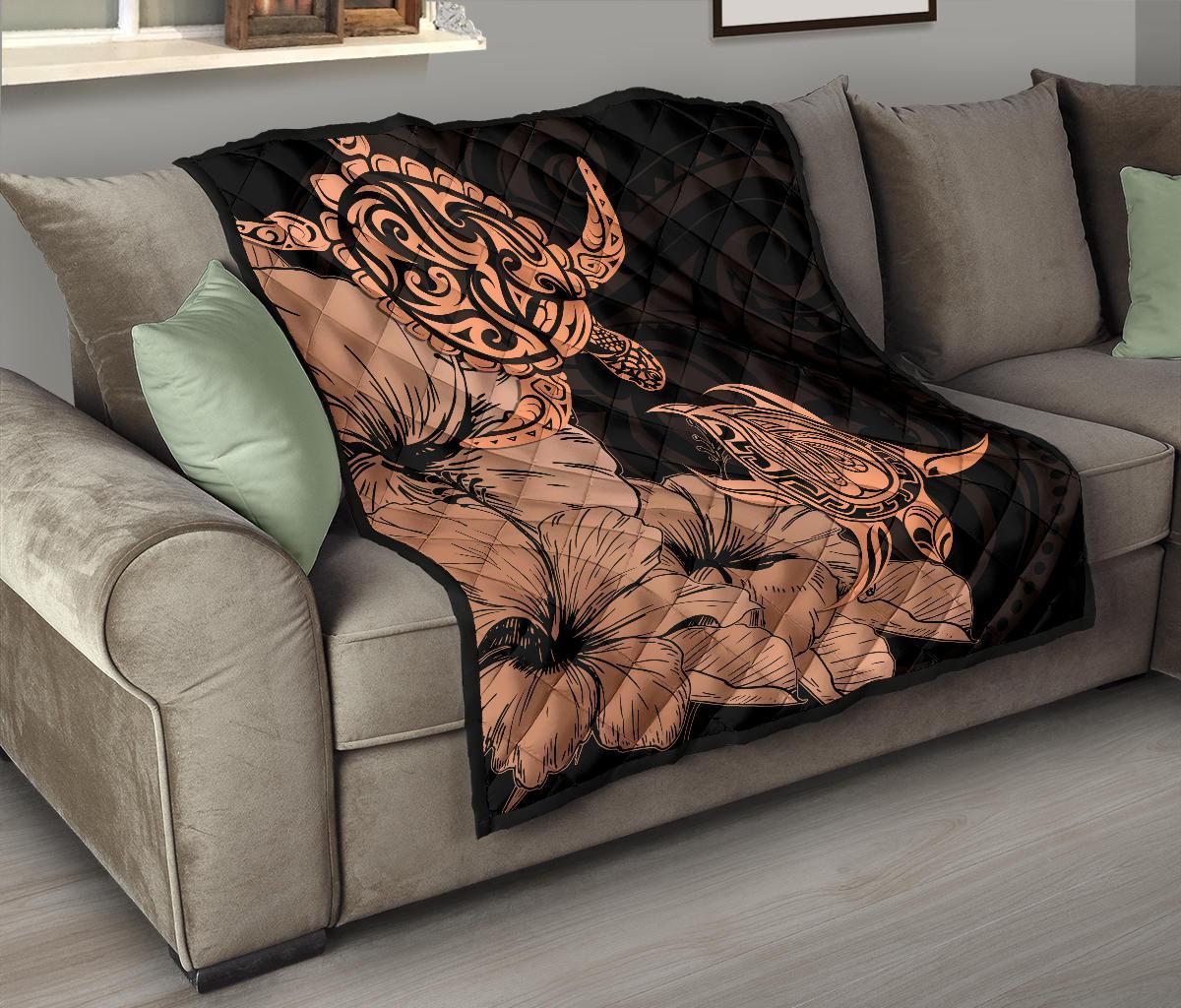 Hawaii Turtle Premium Quilt Polynesian Hibiscus Art Orange AH - Polynesian Pride