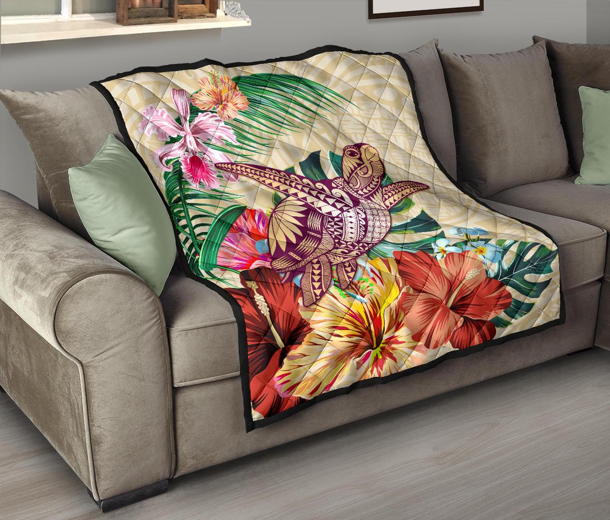 Hawaii Tropical Hibiscus Plumeria Turtle Beige Premium Quilt - Polynesian Pride