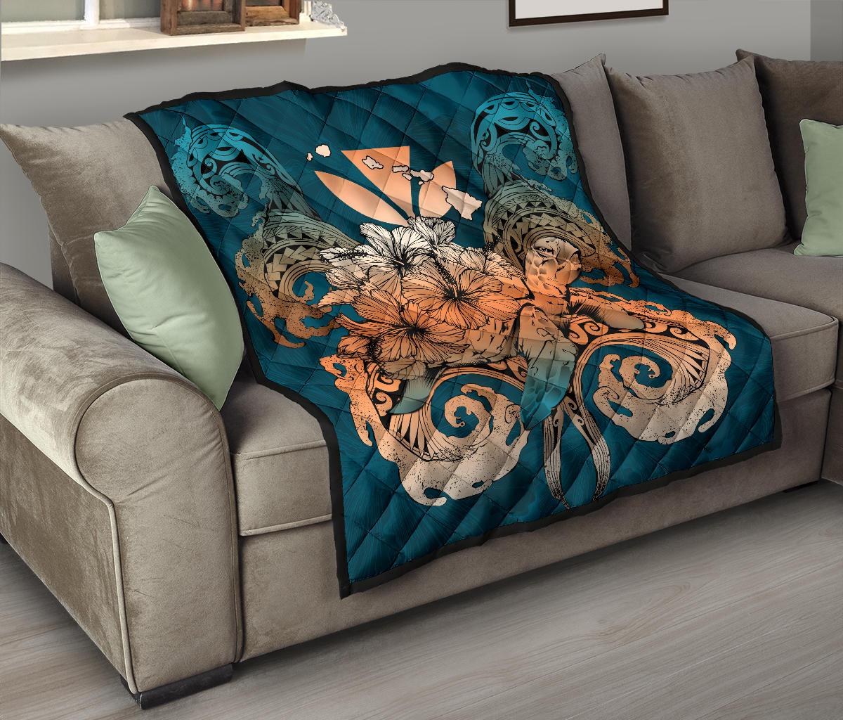 Hawaii Turtle Wave Polynesian Premium Quilt - Hey Style Orange - Polynesian Pride
