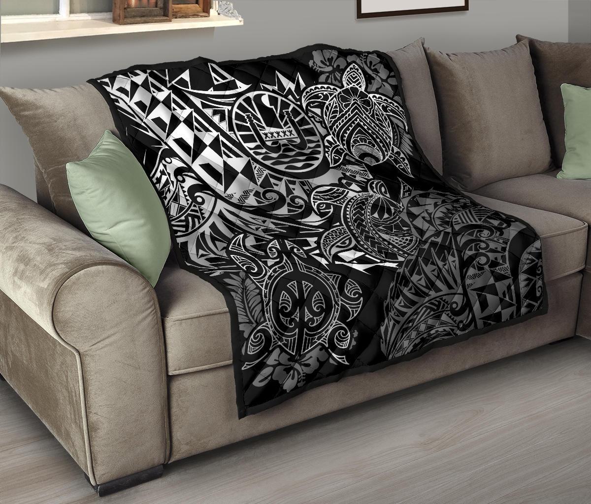 Tahiti Polynesian Premium Quilt - White Turtle Hibiscus Flowing - Polynesian Pride