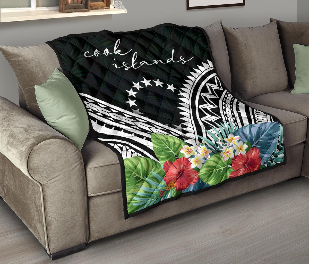 Cook Islands Premium Quilt - Cook Islands Coat of Arms & Polynesian Tropical Flowers White - Polynesian Pride