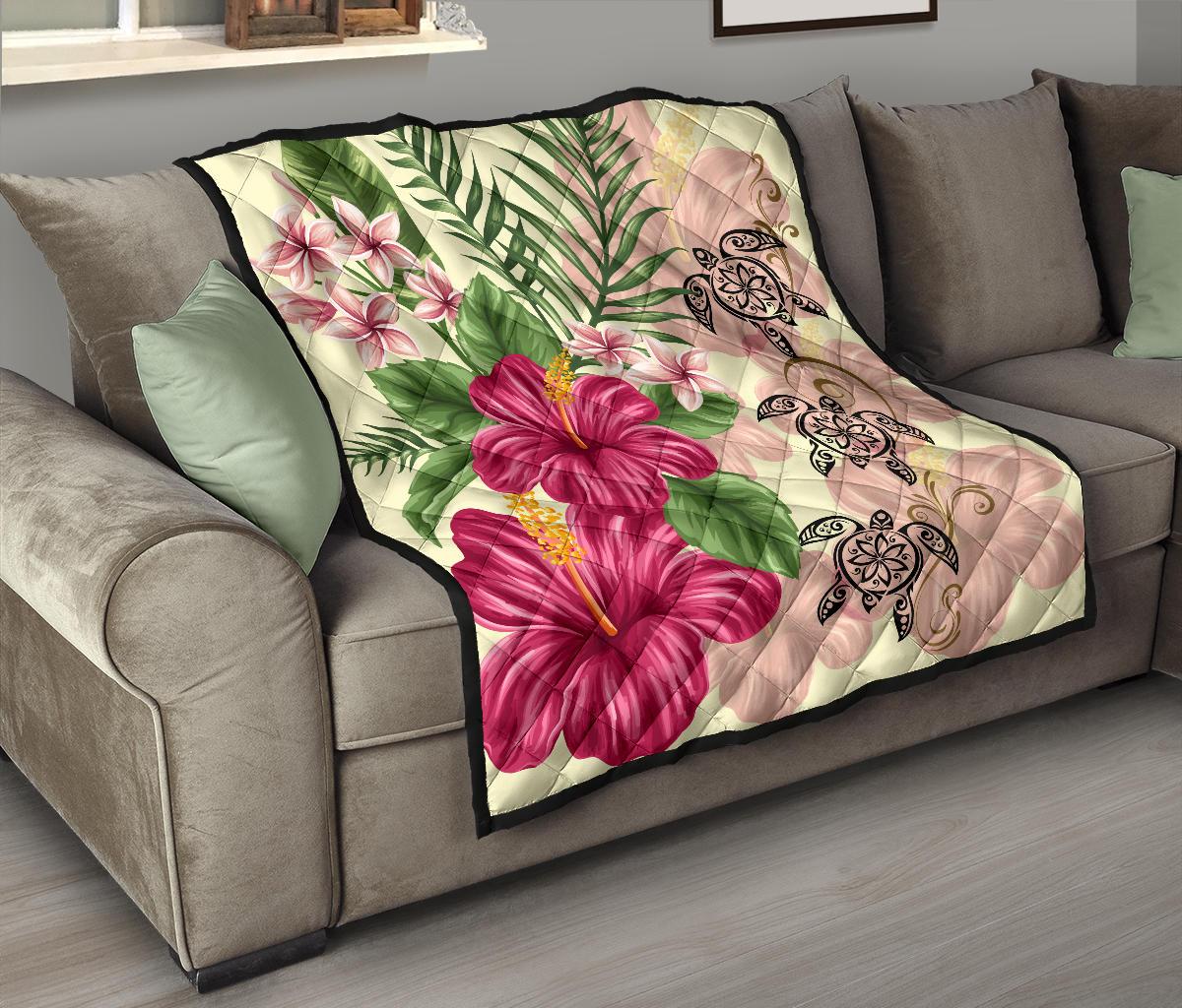 Hawaii Turtle Hibiscus Plumeria Beige Style - Premium Quilts AH - Polynesian Pride