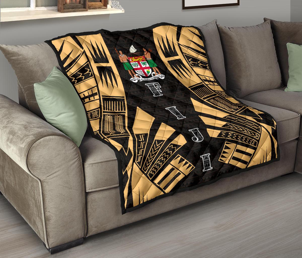 Fiji Premium Quilt - Fiji Coat Of Arms Polynesian Gold Tattoo - Polynesian Pride