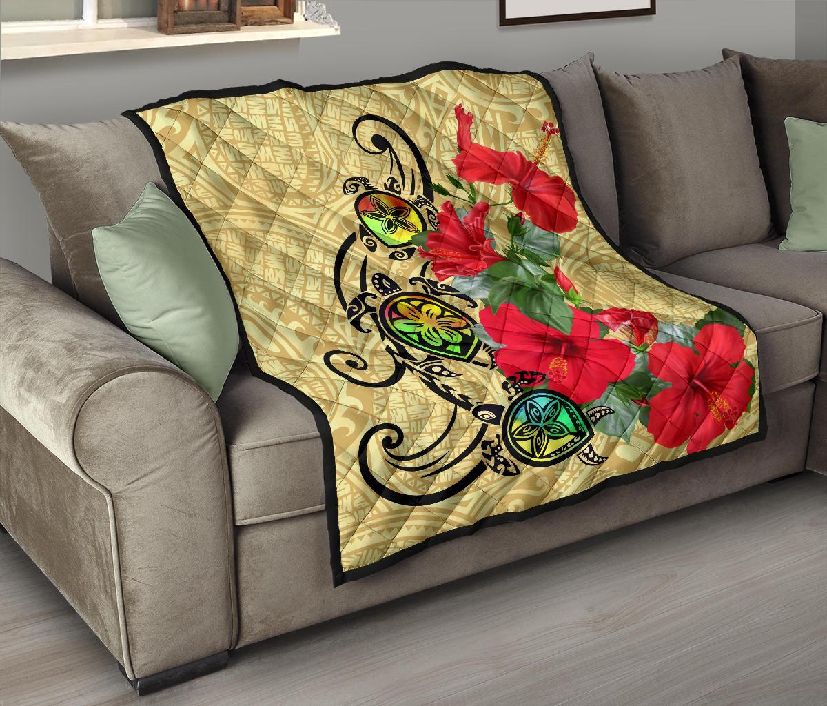 Hawaiian Marble Turtles Hibiscus Premium Quilt - Polynesian Pride
