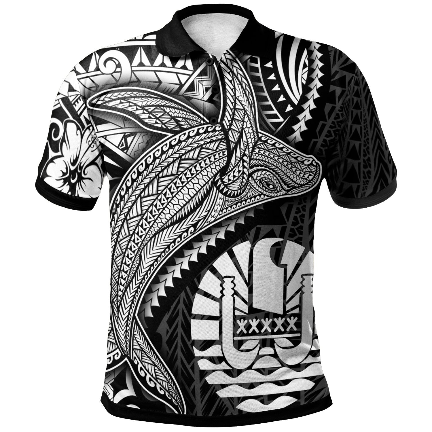 Tahiti Polo Shirt Humpback Whale and Coat of Arms White Unisex White - Polynesian Pride