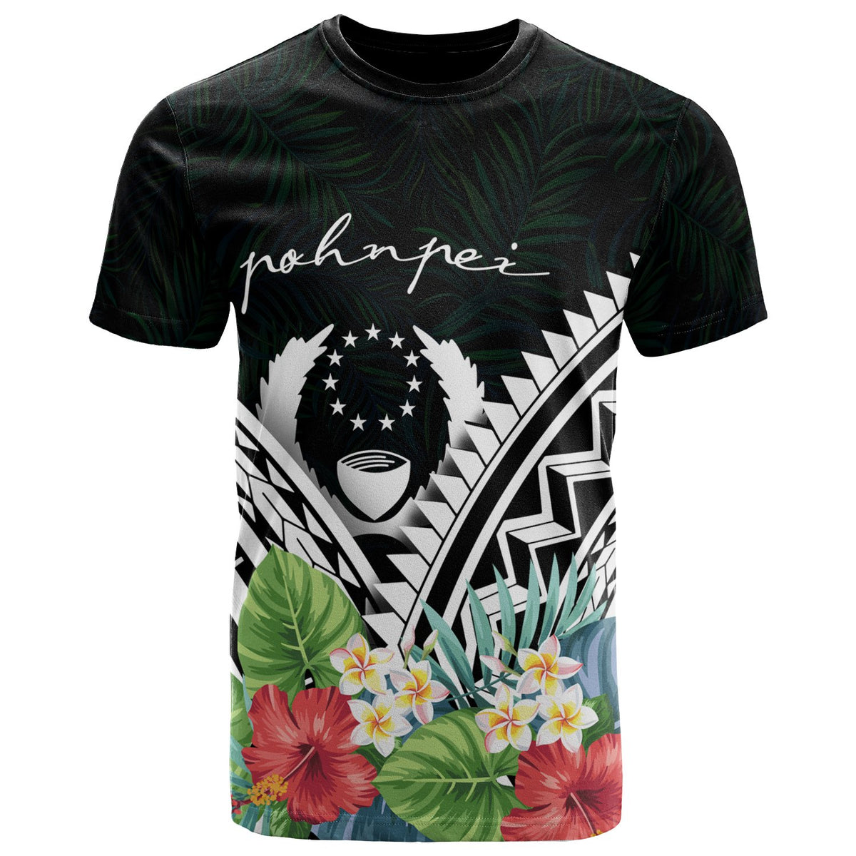 Pohnpei Polynesian T Shirts Pohnpei Coat of Arms & Polynesian Tropical Flowers White - Polynesian Pride