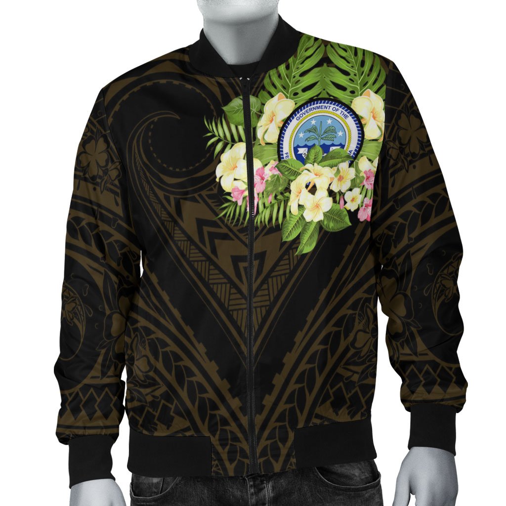 Federated States of Micronesia Men's Bomber Jacket - Polynesian Gold Patterns Collection Black - Polynesian Pride