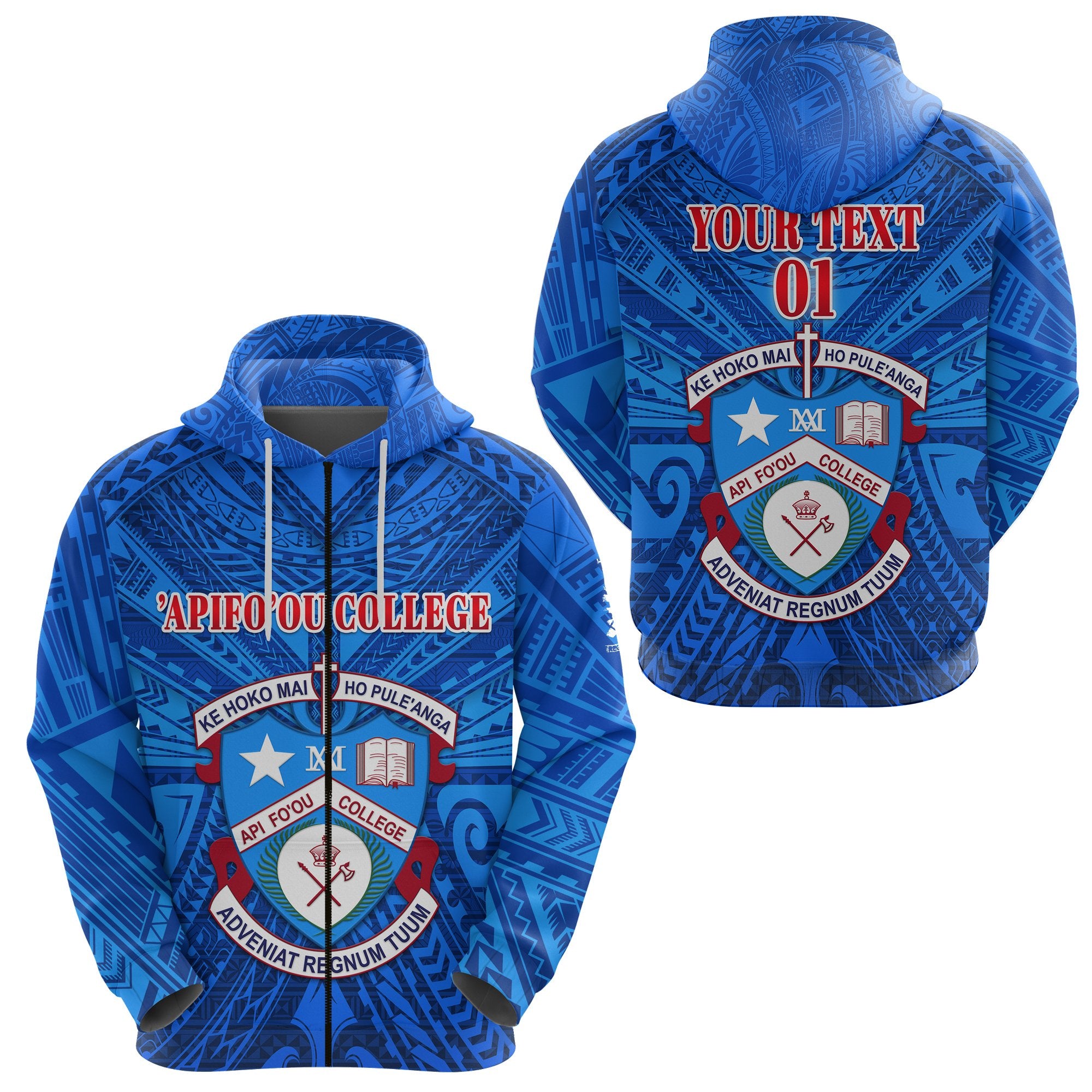Custom Kolisi Apifoou College Tonga Zip Hoodie Full Blue, Custom Text and Number Unisex Blue - Polynesian Pride