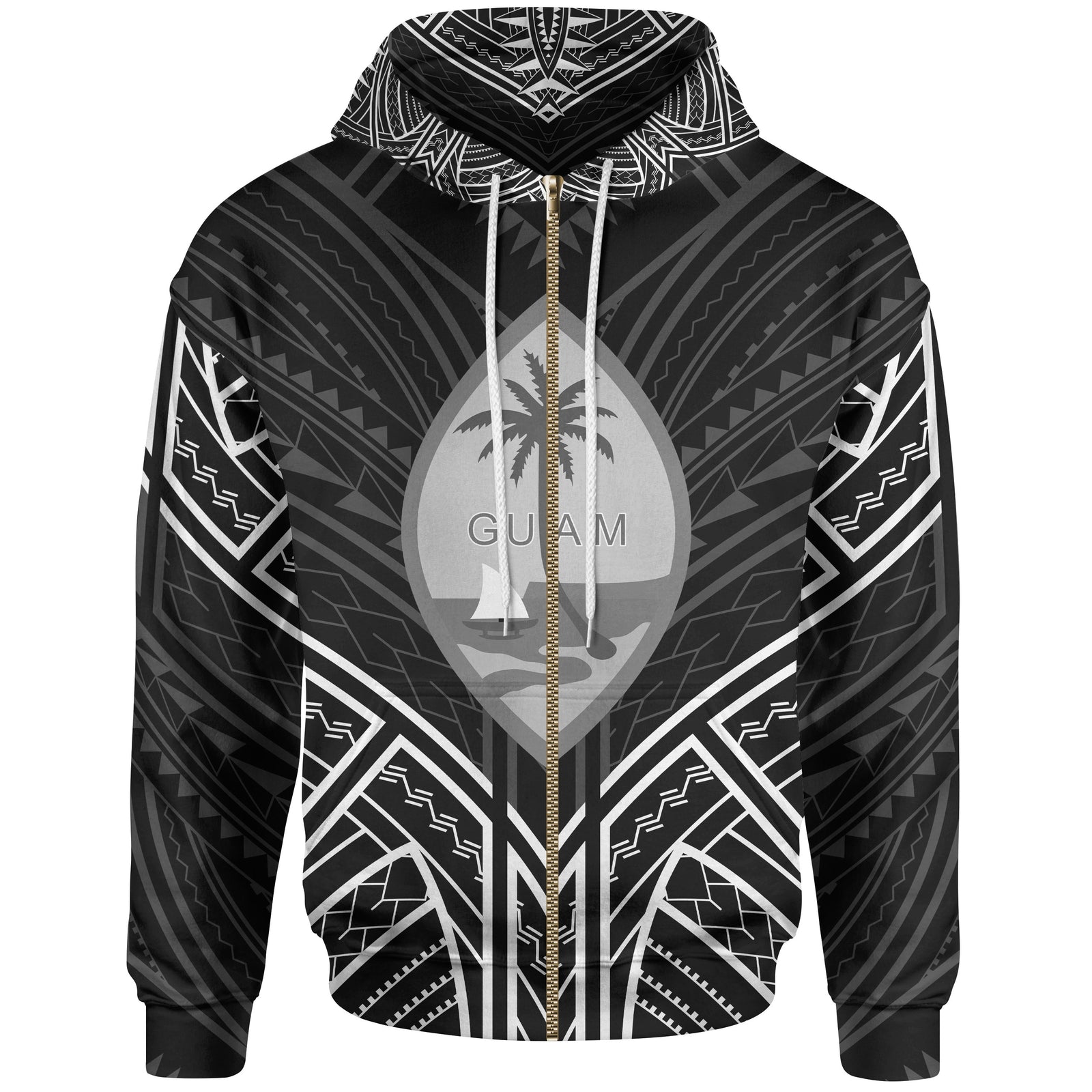 Guam Zip Hoodie Guam Seal Black Tribal Patterns Unisex White - Polynesian Pride