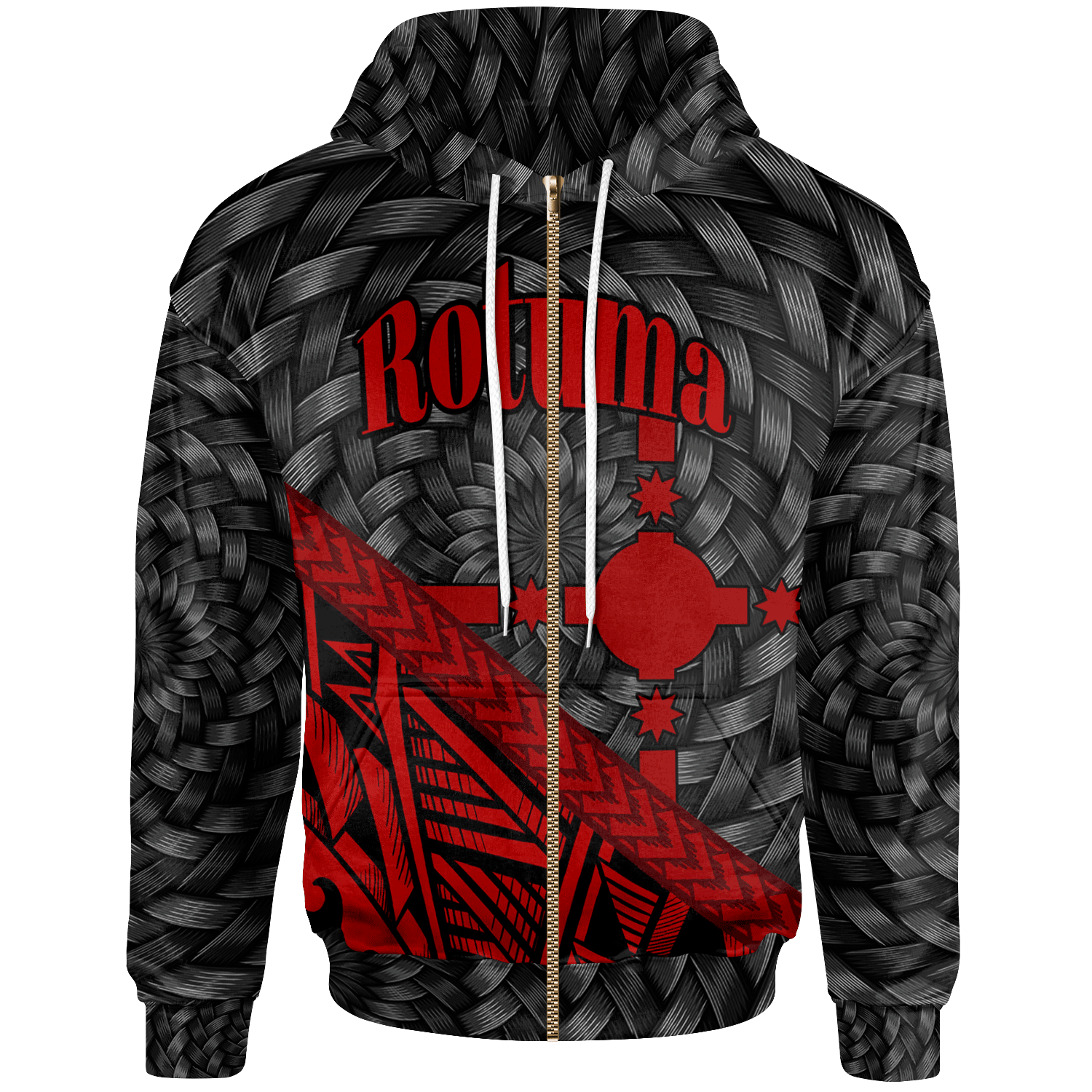 Rotuma Zip Hoodie Red Tapa Patterns With Bamboo Unisex Red - Polynesian Pride
