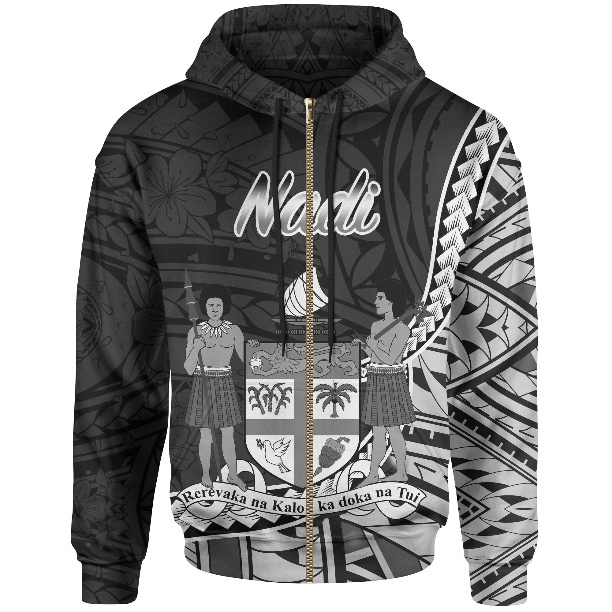 Fiji Zip Hoodie Nadi Seal of Fiji Polynesian Patterns Unisex Black - Polynesian Pride