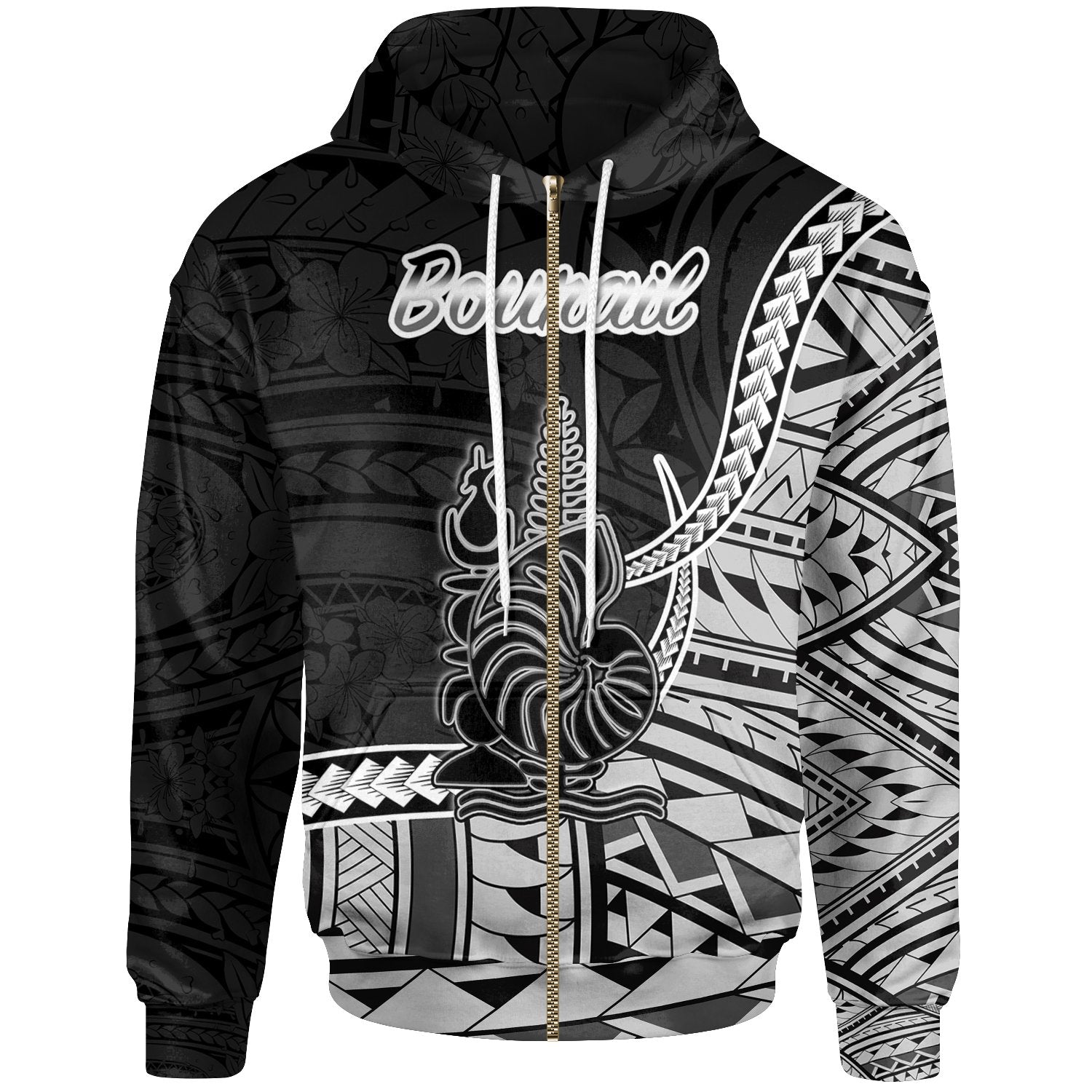 New Caledonia Islands Zip Hoodie Bourail Seal of New Caledonia Polynesian Patterns Unisex Black - Polynesian Pride