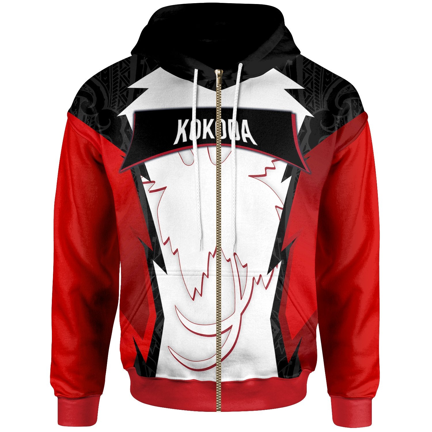 Papua New Guinea Zip Hoodie Kokoda PNG Coat of Arms Unisex Red Black - Polynesian Pride