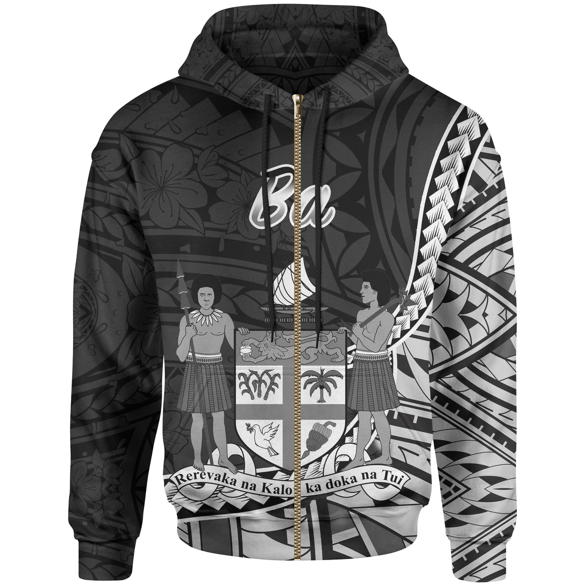 Fiji Zip Hoodie Ba Seal of Fiji Polynesian Patterns Unisex Black - Polynesian Pride