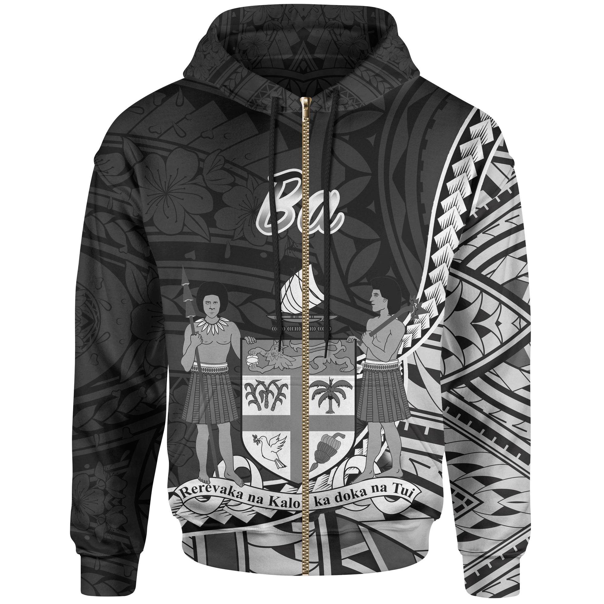 Fiji Zip Hoodie Ba Seal of Fiji Polynesian Patterns Unisex Black - Polynesian Pride