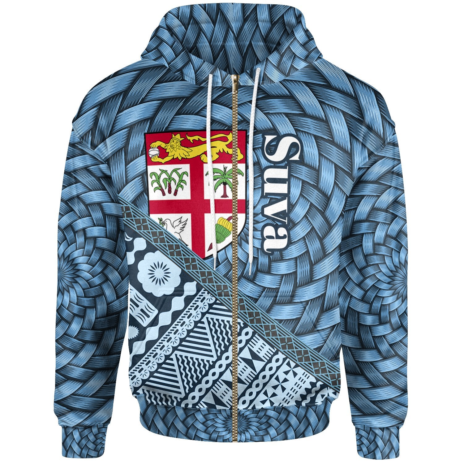 Fiji Zip Hoodie Suva Tapa Patterns With Bamboo Unisex Blue - Polynesian Pride