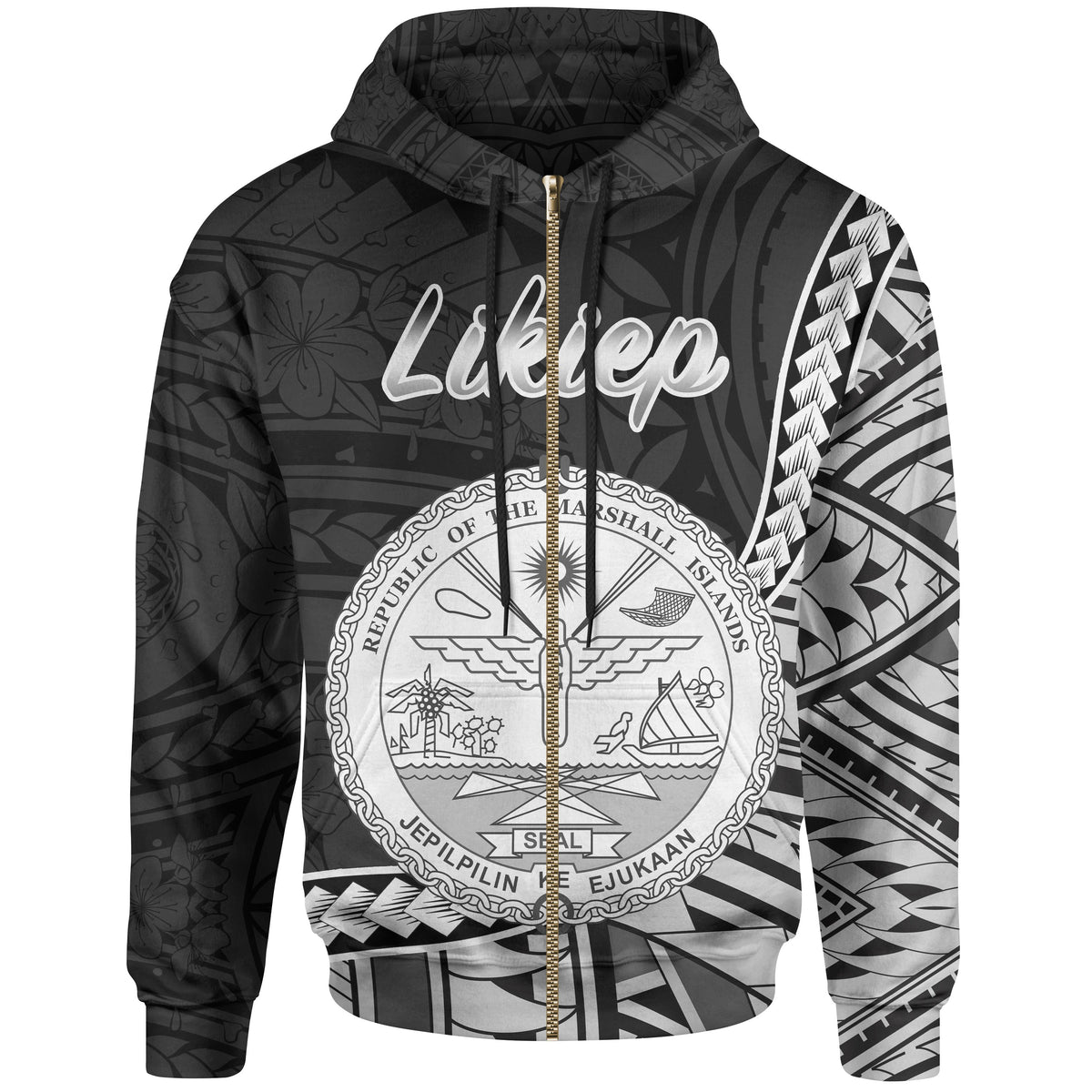 Marshall Islands Zip Hoodie Likiep Seal of Marshall Islands Polynesian Patterns Unisex Black - Polynesian Pride