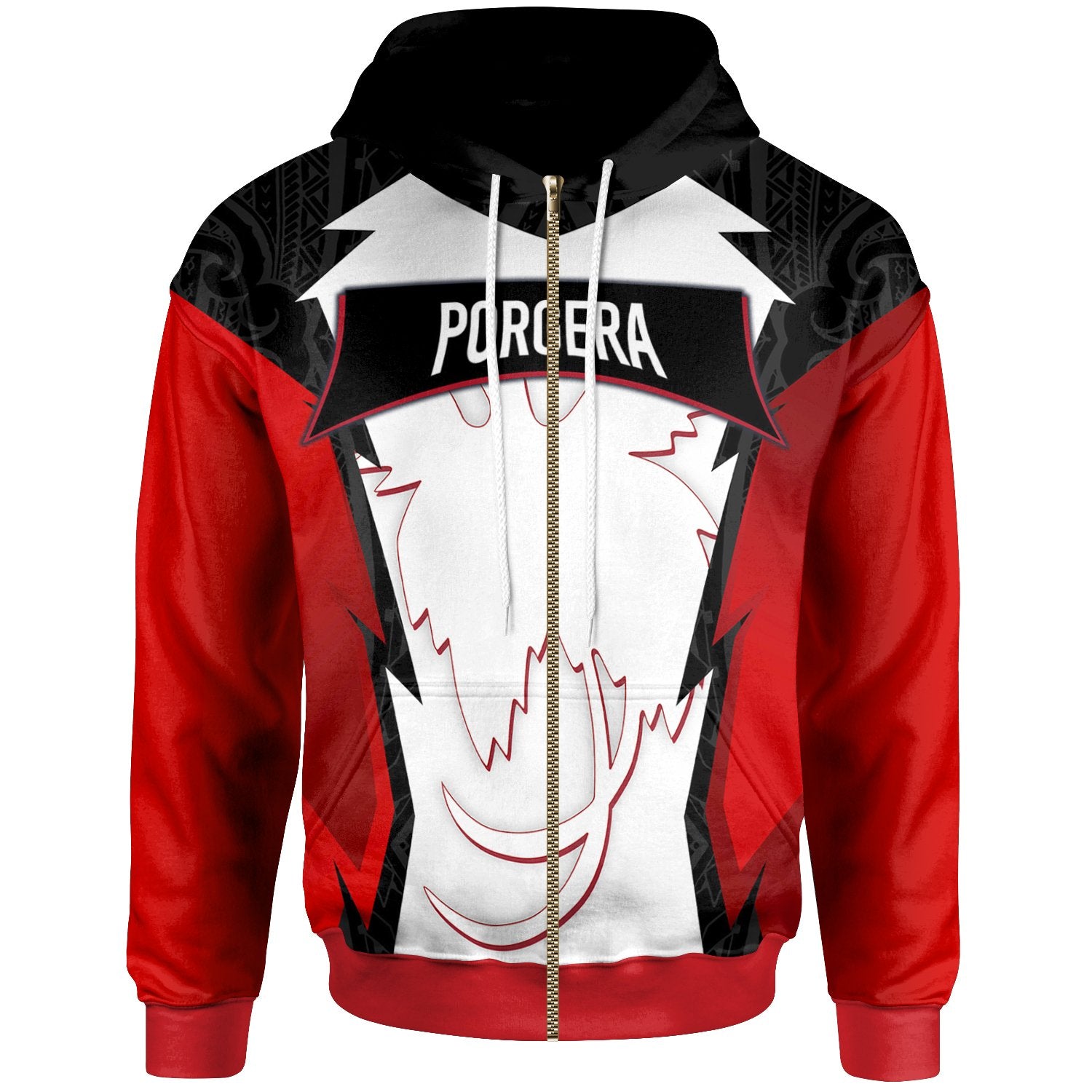 Papua New Guinea Zip Hoodie Porgera PNG Coat of Arms Unisex Red Black - Polynesian Pride
