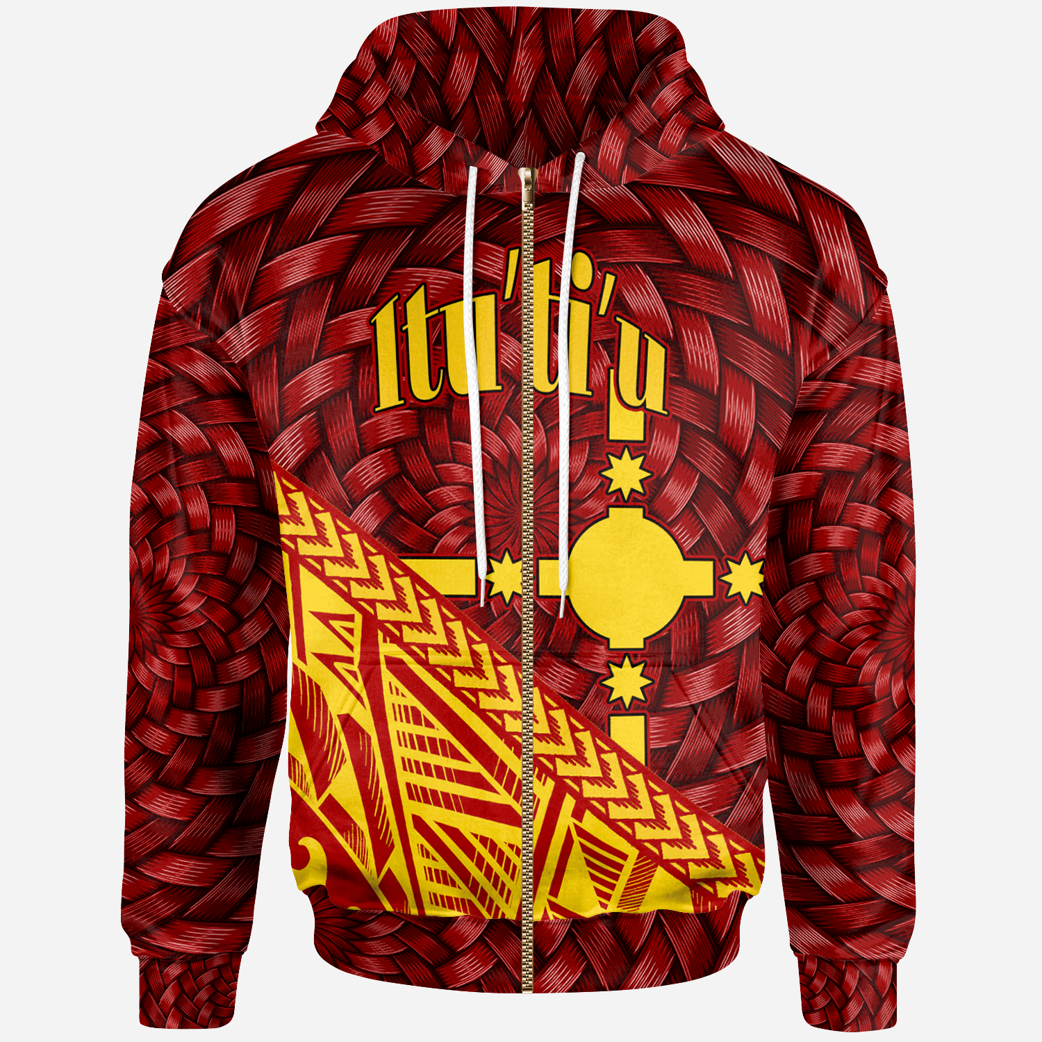 Rotuma Zip Hoodie Itutiu Tapa Patterns With Bamboo Red - Polynesian Pride