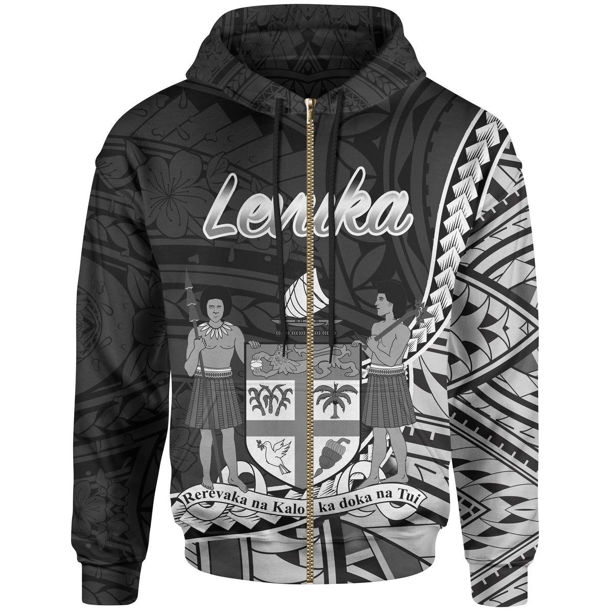 Fiji Zip Hoodie Levuka Seal of Fiji Polynesian Patterns Unisex Black - Polynesian Pride
