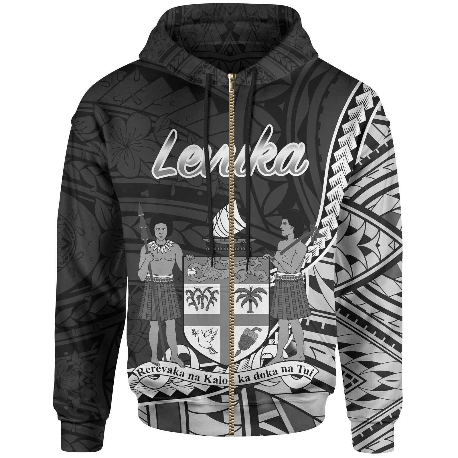 Fiji Zip Hoodie Levuka Seal of Fiji Polynesian Patterns Unisex Black - Polynesian Pride