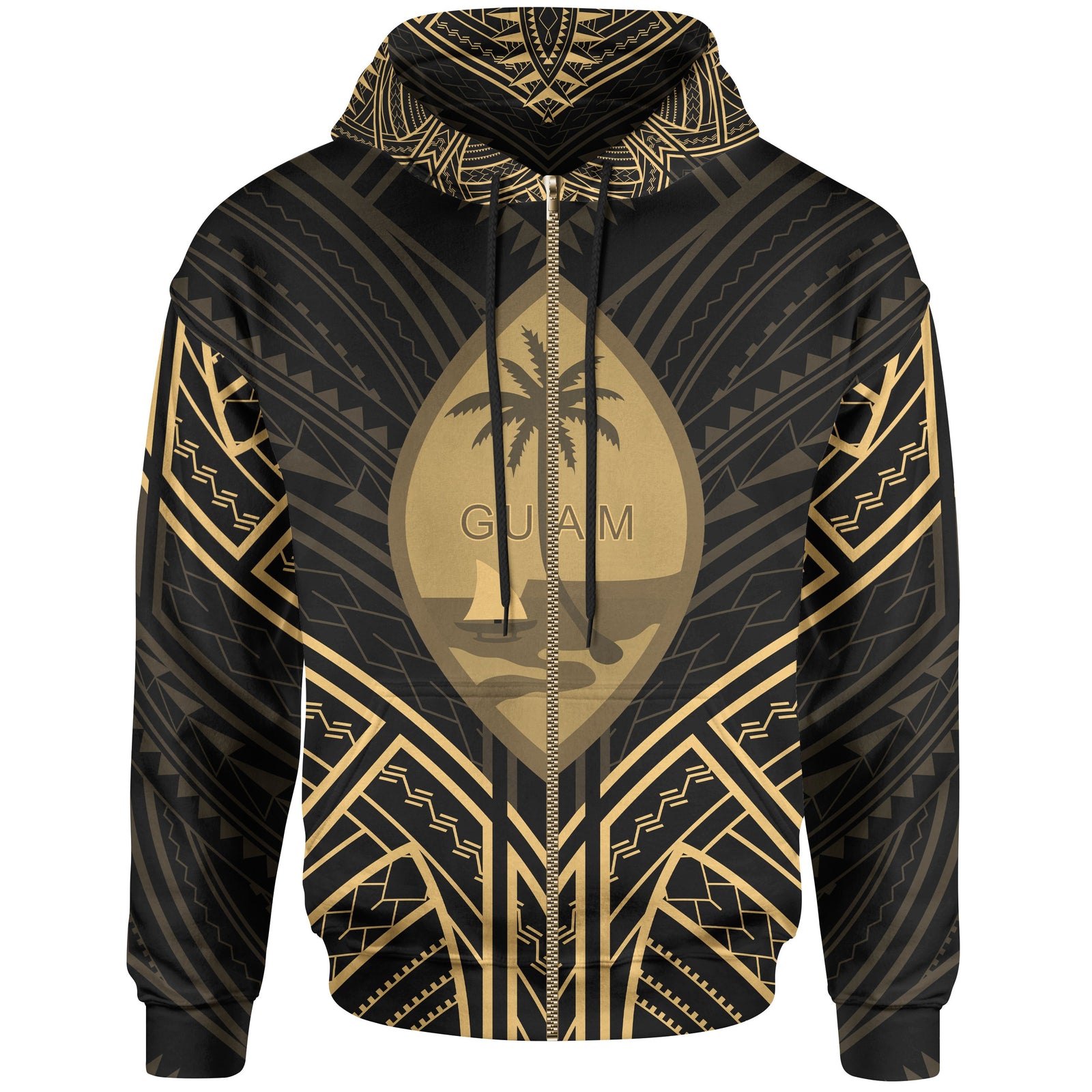 Guam Zip Hoodie Guam Seal Gold Tribal Patterns Unisex White - Polynesian Pride