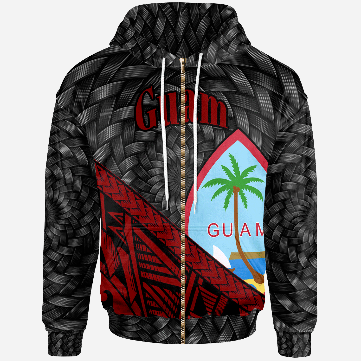 Guam Zip Hoodie Red Tapa Patterns With Bamboo Unisex Black - Polynesian Pride