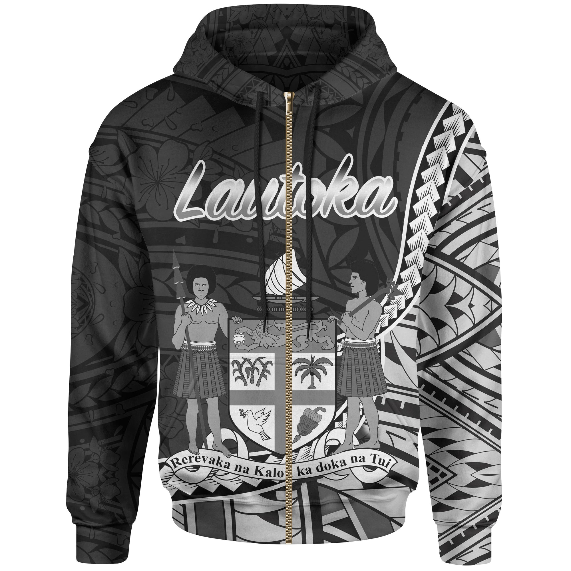 Fiji Zip Hoodie Lautoka Seal of Fiji Polynesian Patterns Unisex Black - Polynesian Pride