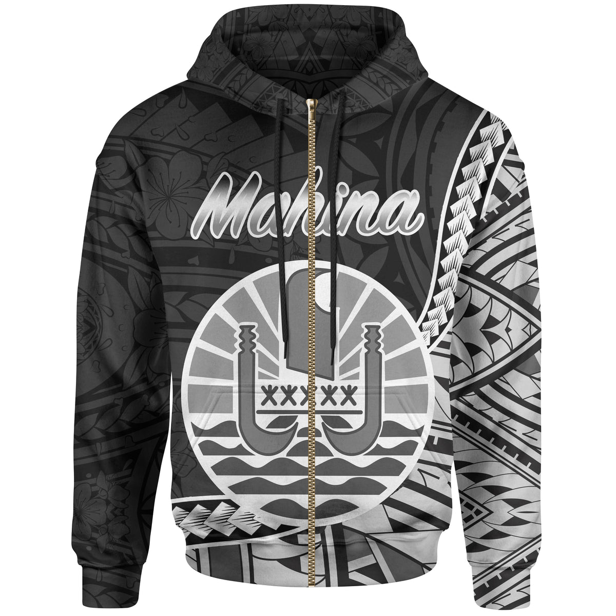 French Polynesia Zip Hoodie Mahina Seal of French Polynesia Polynesian Patterns Unisex Black - Polynesian Pride